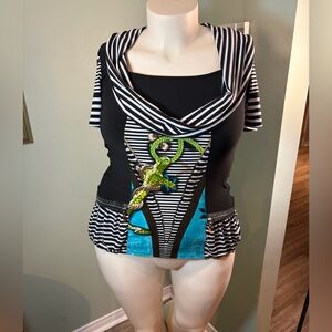 160. Frank Lyman Black & White Striped Cowl Neck Top with Aqua and Green Accent